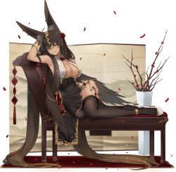 Rule 34 | 1girl, absurdly long hair, animal ears, ark order, black dress, black nails, bracelet, breasts, brown hair, chaise longue, covered navel, dark-skinned female, dark skin, dress, fox ears, garter straps, hand on own thigh, jewelry, large breasts, long hair, looking at viewer, lying, maya g, nail polish, official art, on side, set (ark order), side slit, skindentation, solo, tachi-e, thighhighs, transparent background, very long hair, yellow eyes