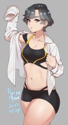 Rule 34 | 1girl, agawa ryou, bike shorts, blouse, breasts, brown eyes, collared shirt, commentary, cowboy shot, dated, english commentary, grey background, grey hair, medium breasts, open clothes, open shirt, original, shirt, short hair, signature, simple background, solo, sports bra, white shirt