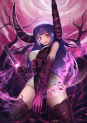 Rule 34 | 1girl, bandaged arm, bandaged leg, bandages, bare shoulders, bow, brown gloves, fang, floral print, gloves, glowing, highres, holding, holding sword, holding weapon, horns, katana, long hair, miyama (tokiwairo8), open mouth, original, petals, purple eyes, purple hair, red bow, scabbard, scales, sheath, shiny skin, smile, solo, sword, tail, tree, unsheathing, weapon, wind