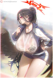 Rule 34 | 1girl, absurdres, black bra, black hair, black shorts, black wings, blue archive, blush, bra, breasts, cowboy shot, feathered wings, gym shirt, gym shorts, gym uniform, halo, hasumi (blue archive), hasumi (track) (blue archive), highres, housou-kun, huge breasts, jacket, long hair, long sleeves, official alternate costume, open clothes, open jacket, ponytail, red eyes, red halo, see-through, see-through shirt, shirt, shorts, solo, sweat, track jacket, twitter username, underwear, very long hair, wet, wet clothes, wet shirt, white shirt, wings