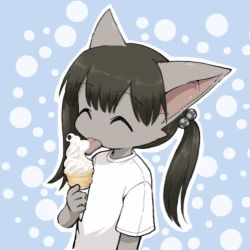 Rule 34 | 1girl, 3yo4yo5yo, animal ears, black hair, blue background, border, cat ears, cat girl, cat tail, child, closed eyes, female focus, food, furry, furry female, hair bobbles, hair ornament, happy, highres, ice cream, ice cream cone, licking, no nose, original, polka dot, polka dot background, shirt, solo, t-shirt, tail, tongue, tongue out, twintails, white border, white shirt
