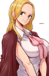 Rule 34 | 1girl, aosora2823, artist name, ascot, black eyes, blonde hair, blush, breasts, closed mouth, commentary, dress, forehead, highres, jacket, jacket on shoulders, kaya (one piece), large breasts, long hair, looking at viewer, one piece, pink ascot, red jacket, shirt, simple background, sleeveless, sleeveless dress, smile, solo, white background, white shirt