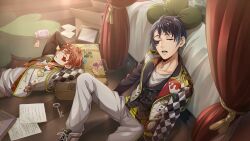 Rule 34 | 2boys, ace trappola, arms behind head, bed, black hair, black vest, book, briefcase, closed eyes, deuce spade, facial mark, game cg, highres, indoors, jacket, key, multiple boys, official art, open clothes, open jacket, open mouth, orange hair, pants, paper, short hair, sitting, sleeping, twisted wonderland, vest, white pants