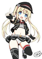 Rule 34 | 1girl, azur lane, bad id, bad twitter id, blonde hair, blue eyes, blush, commentary request, cross, fang, fingerless gloves, flat chest, gloves, hair ornament, hairclip, highres, inactive account, iron cross, long hair, navel, open mouth, panties, pointing, pointing at viewer, print panties, sakuraba hikaru (loveindog), simple background, solo, sports bra, thighhighs, twintails, underwear, white background, z18 (azur lane)