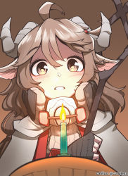 Rule 34 | 1girl, ahoge, animal ears, arknights, black gloves, brown background, brown hair, cake, candle, carillus, coat, eyjafjalla (arknights), fingerless gloves, food, gloves, highres, holding, holding staff, horns, long hair, mask, mask around neck, parted lips, raised eyebrows, sheep ears, sheep girl, sheep horns, shirt, simple background, smile, solo, staff, upper body, white coat, white shirt, yellow eyes