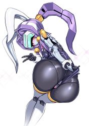 Rule 34 | 1girl, animal ears, anus, ass, blush, breasts, censored, clothing aside, fei-yen, from behind, from side, heart, heart censor, humanoid robot, kneepits, leotard, leotard aside, looking at viewer, looking back, pochincoff, ponytail, purple hair, purple leotard, pussy, pussy juice, rabbit ears, robot, simple background, small breasts, solo, thighhighs, v, virtual on, white background