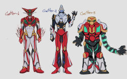 Rule 34 | 3others, arm blade, arm up, armor, asymmetrical arms, black armor, blue eyes, character name, character sheet, clenched hand, clenched hands, crossover, fusion, getter-1, getter-2, getter-3, getter robo, green eyes, high heels, highres, humanoid robot, mecha, multicolored armor, multiple others, no humans, no mouth, open hand, open hands, outstretched arms, red armor, robot, science fiction, shin getter-1, shin getter-2, shin getter-3, simple background, sinita, sketch, spikes, super robot, warframe, weapon, white armor, white background, yellow armor
