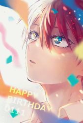 Rule 34 | 1boy, adam&#039;s apple, awestruck, blue eyes, boku no hero academia, burn scar, close-up, collared shirt, confetti, dated, english text, hair between eyes, happy birthday, heterochromia, long bangs, looking up, male focus, meeeeetbbn, multicolored hair, parted lips, portrait, red hair, scar, scar on face, shirt, short hair, smile, solo, sparkling eyes, split-color hair, streamers, todoroki shouto, two-tone hair, white hair