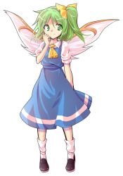 Rule 34 | 1girl, alphes (style), ascot, blue dress, bow, dairi, daiyousei, dress, fairy wings, full body, green eyes, green hair, hair bow, matching hair/eyes, parody, puffy sleeves, shirt, short sleeves, side ponytail, smile, solo, style parody, touhou, transparent background, wings