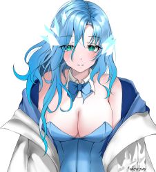 Rule 34 | 1girl, blue eyes, blue hair, blush, bow, bowtie, breasts, cleavage, detached collar, genderswap, genderswap (mtf), highres, holostars, holostars english, jacket, large breasts, leotard, long hair, long sleeves, looking at viewer, mouchu, off-shoulder jacket, off shoulder, regis altare, simple background, solo, virtual youtuber, white background, white jacket
