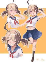 Rule 34 | 1girl, absurdres, ahoge, alternate costume, blue sailor collar, blush, brown hair, closed eyes, commentary, english commentary, gigi murin, highres, hololive, hololive english, iuuu ru, looking at viewer, midriff, multicolored hair, navel, neckerchief, one eye closed, open mouth, pink eyes, sailor collar, school uniform, serafuku, shirt, short hair, skirt, smile, socks, solo, tongue, tongue out, two-tone hair, two side up, v, virtual youtuber, white shirt