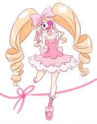 Rule 34 | 10s, 1girl, bare shoulders, big hair, blonde hair, blue eyes, boots, bow, breasts, cleavage, doyasa, dress, drill hair, earrings, eyepatch, full body, hair bow, harime nui, heart, jewelry, kill la kill, long hair, pink bow, pink dress, pink footwear, scissor blade (kill la kill), smile, solo, strapless, strapless dress, twin drills, twintails, wrist cuffs