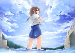 Rule 34 | 10s, 1girl, :/, ass, bad id, bad pixiv id, blue eyes, blue one-piece swimsuit, blush, brown hair, closed mouth, cloud, day, from behind, fumarusan, looking back, love live!, love live! sunshine!!, one-piece swimsuit, outdoors, partially submerged, profile, school uniform, serafuku, shirt, short sleeves, sky, solo, standing, swimsuit, undressing, wading, watanabe you, water, white shirt