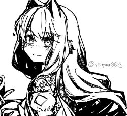 Rule 34 | 1girl, arknights, astesia (arknights), diamond-shaped pupils, diamond (shape), dress, from side, greyscale, hair ornament, highres, long hair, looking at viewer, monochrome, portrait, simple background, sketch, smile, solo, split mouth, symbol-shaped pupils, twitter username, white background, yom (ymayma00ss)