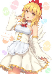 Rule 34 | 1girl, blonde hair, breasts, cowboy shot, cross-laced clothes, detached collar, detached sleeves, finger to mouth, headdress, looking at viewer, medium breasts, open mouth, original, sasaame, skirt hold, solo, tail, twitter username, underbust, wide sleeves, yellow eyes