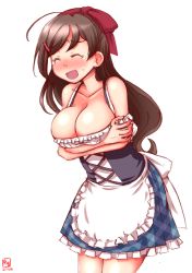 Rule 34 | 1girl, :d, ^ ^, ahoge, alternate costume, apron, bare shoulders, blush, bow, brown hair, closed eyes, collarbone, commentary request, covering privates, covering breasts, dated, detached sleeves, dirndl, dress, german clothes, hair bow, hair ornament, hair ribbon, hairpin, highres, kanon (kurogane knights), kantai collection, long hair, looking at viewer, mamiya (kancolle), off-shoulder dress, off shoulder, open mouth, ribbon, sketch, smile, solo, tearing up