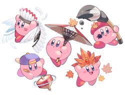 Rule 34 | :o, arms up, artist kirby, backwards hat, bandaid, bandaid on face, baseball cap, beret, blue eyes, blue headwear, blush, blush stickers, commentary request, copy ability, crown, facepaint, feathered wings, feathers, frown, gem, hat, headdress, holding, holding paintbrush, kirby, kirby (series), leaf, leaf kirby, looking away, maple leaf, multiple views, mutekyan, native american headdress, nintendo, no humans, oil-paper umbrella, open mouth, paint splatter, paint splatter on face, paintbrush, parasol kirby, parted lips, red headwear, smile, spinning top, umbrella, v-shaped eyes, white background, white wings, wing kirby, wings