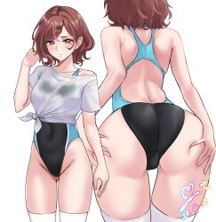 Rule 34 | 1girl, ass, blush, breasts, brown hair, cameltoe, competition swimsuit, covered navel, dated, gluteal fold, groin, highres, higuchi madoka, idolmaster, idolmaster shiny colors, looking at viewer, median furrow, medium breasts, mole, mole under eye, multiple views, one-piece swimsuit, red eyes, shirt, signature, simple background, swimsuit, thighhighs, tied shirt, two-tone one-piece swimsuit, white background, white shirt, white thighhighs, yoo tenchi