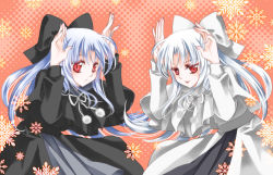 Rule 34 | 00s, 2girls, blue hair, bow, bunny ears gesture, capelet, dress, hair bow, len (tsukihime), long hair, melty blood, multiple girls, rabbit pose, red eyes, silver hair, tsukihime, warlock (nova), white len (tsukihime)