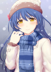 Rule 34 | 10s, 1girl, blue hair, blush, brown eyes, coat, hand on own shoulder, hat, highres, inanaki shiki, long hair, long sleeves, looking at viewer, love live!, love live! school idol festival, love live! school idol project, scarf, smile, snow, snowing, solo, sonoda umi, striped clothes, striped scarf, upper body, yellow eyes