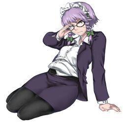 Rule 34 | 1girl, aaaa (aaaa480), adjusting eyewear, belt, black-framed eyewear, black belt, black eyes, black pantyhose, blazer, bow, braid, breasts, closed mouth, collared shirt, commentary request, cookie (touhou), cuff links, full body, glasses, green bow, grey jacket, grey skirt, hair bow, izayoi sakuya, jacket, long sleeves, looking at viewer, lying, maid headdress, medium bangs, medium breasts, medium hair, office lady, on side, pantyhose, pencil skirt, purple hair, ryuuga (cookie), shirt, simple background, skirt, solo, touhou, twin braids, white background, white shirt