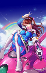 Rule 34 | 1girl, alternate eye color, animal print, arm up, armor, bodysuit, boots, bracer, breasts, breasts apart, brown hair, blowing bubbles, chewing gum, cloud, d.va (overwatch), facepaint, facial mark, gloves, green eyes, gun, handgun, headphones, holding, holding gun, holding weapon, large breasts, long hair, long sleeves, mecha, meka (overwatch), night, night sky, overwatch, overwatch 1, pauldrons, pilot suit, pink lips, rabbit print, rainbow, ribbed bodysuit, robot, shoulder armor, shoulder pads, sitting, skin tight, sky, smile, solo, star (sky), starry sky, thigh boots, thigh strap, thighhighs, turtleneck, v, weapon, whisker markings, white footwear, white gloves