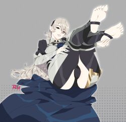 Rule 34 | 1girl, absurdres, armor, artist logo, artist name, ass, black hairband, black panties, blue cape, breasts, cameltoe, cape, clothing cutout, collared shirt, commentary, corrin (female) (fire emblem), corrin (fire emblem), english commentary, feet, fire emblem, fire emblem fates, foreshortening, full body, grey background, grey hair, hair between eyes, hairband, hand on own foot, hand on own thigh, head tilt, highres, knees together feet apart, legs, legs up, long hair, looking at viewer, lying, medium breasts, nintendo, no shoes, on back, paid reward available, panties, parted bangs, parted lips, pointy ears, r3dfive, red eyes, shadow, shirt, soles, solo, stirrup legwear, thigh cutout, thighs, toeless legwear, toenails, toes, underwear