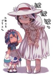 Rule 34 | 1boy, 1girl, alternate costume, apron, black eyes, black hair, blue capelet, blue eyes, blue hair, capelet, child, dress, flower, hair between eyes, hat, hat flower, highres, leaning forward, made in abyss, maid headdress, maruruk, multicolored hair, open mouth, ozen, shoes, simple background, standing, sun hat, sundress, trap, two-tone hair, white background, white dress, white footwear, white hair, white headwear, ximu shilang