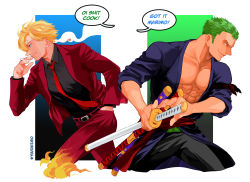 Rule 34 | 2boys, back-to-back, blonde hair, cigarette, drawing sword, fighting stance, fire, formal, green hair, grin, highres, holding, holding sword, holding weapon, male focus, multiple boys, necktie, one piece, ready to draw, roronoa zoro, sanji (one piece), smile, smoking, speech bubble, suit, sword, weapon, yuu shishio