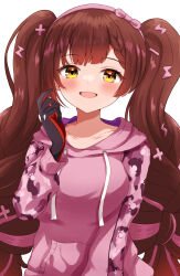 Rule 34 | 1girl, absurdres, alternate hairstyle, black gloves, bow, bow-shaped hair, braid, braided bangs, breasts, brown eyes, brown hair, camouflage, collarbone, drawstring, gloves, hair bow, head tilt, highres, hololive, hood, hood down, hoodie, long hair, looking at viewer, medium breasts, multicolored hair, open mouth, pink hoodie, rinkaa (lovelive765pro2), roboco-san, roboco-san (hoodie), smile, solo, streaked hair, upper body, very long hair, virtual youtuber, white background