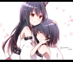 Rule 34 | 10s, 2girls, bare shoulders, black hair, blush, breasts, brown hair, cherry rosso, closed eyes, detached sleeves, flat chest, fusou (kancolle), hair ornament, japanese clothes, kantai collection, letterboxed, long hair, multiple girls, nontraditional miko, personification, red eyes, short hair, skirt, smile, yamashiro (kancolle)