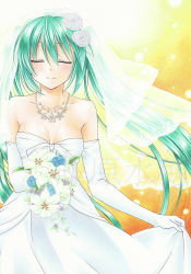 Rule 34 | 1girl, bad id, bad pixiv id, blue flower, blue rose, bouquet, closed eyes, dress, elbow gloves, flower, fujiwara minaho, gloves, green hair, hatsune miku, jewelry, lily (flower), long hair, marker (medium), necklace, rose, smile, solo, strapless, strapless dress, traditional media, twintails, veil, vocaloid, watermark, wedding dress, white flower, white rose