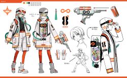Rule 34 | 1boy, adjusting clothes, adjusting headwear, arrow (symbol), artist logo, artist name, belt, black shirt, blonde hair, boots, canister, character sheet, coat, color guide, extraspiky, flower, gloves, goggles, goggles on headwear, grey eyes, gun, hex code, highres, holding, holding gun, holding weapon, long sleeves, looking at viewer, looking to the side, male focus, multiple views, open clothes, open coat, orange belt, orange pantyhose, original, oxygen mask, oxygen tank, pantyhose, profile, purple flower, red flower, respirator, shirt, short hair, shorts, simple background, standing, tassel, translation request, turnaround, weapon, white background, white coat, white footwear, white gloves, white headwear, white shorts, yellow flower, zipper