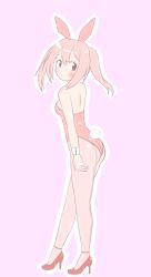 Rule 34 | 1girl, a-ktoo, bare shoulders, blush, high heels, leotard, looking back, original, pantyhose, pink hair, playboy bunny, pumps, rabbit tail, simple background, solo, tail