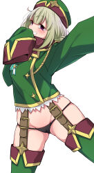 Rule 34 | 1girl, araga kiwi, black panties, blush, boots, cameltoe, commentary request, gluteal fold, green hair, green headwear, green jacket, grin, highres, jacket, legs apart, leoparde (mahou shoujo ni akogarete), looking at viewer, mahou shoujo ni akogarete, mole, mole under eye, panties, purple eyes, simple background, sk02, sleeves past fingers, sleeves past wrists, smile, solo, tareme, teeth, thigh boots, thighs, underwear, very long sleeves, white background