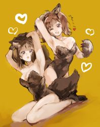 Rule 34 | 2girls, animal ears, animal hands, armpits, arms up, awa (12687414), bad id, bad pixiv id, breasts, brown gloves, brown hair, brown leotard, cleavage, collarbone, diane (nanatsu no taizai), fake animal ears, full body, gloves, heart, high heels, kneeling, large breasts, leotard, long hair, multiple girls, nanatsu no taizai, paw gloves, red eyes, sitting, sketch, strapless, strapless leotard, tail, twintails, wariza, wolf ears, wolf tail, yellow background