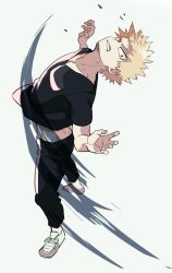Rule 34 | 1boy, bakugou katsuki, black pants, black shirt, blonde hair, bloodshot eyes, boku no hero academia, cai (caiirocai), clenched teeth, commentary request, full body, hands up, looking at viewer, male focus, pants, red eyes, shirt, shoes, short hair, short sleeves, simple background, solo, spiked hair, standing, teeth, white background, white footwear