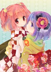Rule 34 | 2girls, bell, blush, checkered clothes, checkered kimono, floral print, flower, hair bell, hair flower, hair ornament, hieda no akyuu, holding, interlocked fingers, japanese clothes, kimono, looking at viewer, motoori kosuzu, multiple girls, purple eyes, purple hair, red eyes, red hair, sen1986, short hair, smile, touhou, twintails, two side up