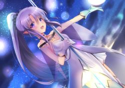 Rule 34 | 1girl, :d, asymmetrical gloves, asymmetrical legwear, breasts, capelet, cleavage, commentary request, detached collar, dress, dutch angle, fate/grand order, fate (series), gloves, hair ornament, hair scrunchie, highres, long hair, looking at viewer, medea (lily) (fate), medium breasts, mismatched gloves, mismatched legwear, open mouth, pointy ears, ponytail, purple eyes, purple hair, scrunchie, smile, solo, soundsechop, staff, strapless, strapless dress