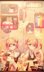 Rule 34 | 1boy, 1girl, :3, blonde hair, blue eyes, brother and sister, cat, kagamine len, kagamine rin, looking at viewer, miwasiba, phone, short hair, siblings, sitting, smile, tail, too many, too many cats, twins, vocaloid