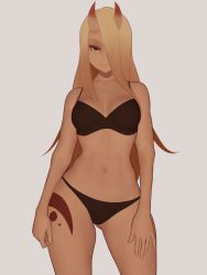 Rule 34 | 1girl, abs, arms at sides, bare shoulders, black bra, black panties, blonde hair, bra, breasts, cleavage, closed mouth, collarbone, copyright request, eyeshadow, gluteal fold, gradient hair, grey background, hair over one eye, half-closed eyes, highres, horns, leg tattoo, long hair, looking at viewer, makeup, multicolored hair, navel, orange hair, panties, patterned clothing, red eyes, simple background, smirk, smug, solo, source request, standing, stomach, tan, tattoo, thighs, toned, underwear, very long hair, zaki (zaki btw)
