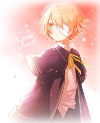 Rule 34 | 1boy, bandage over one eye, blonde hair, blue capelet, blue jacket, capelet, character name, copyright name, expressionless, jacket, looking to the side, male focus, minahoshi taichi, oliver (vocaloid), petals, pink background, ribbon, shirt, untucked shirt, vocaloid, white shirt, yellow eyes, yellow ribbon