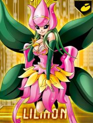 Rule 34 | 1girl, black eyes, bow, breasts, cleavage, corset, crown, digimon, digimon (creature), digimon collectors, elbow gloves, fairy, female focus, flower, frilled skirt, frills, gloves, green hair, large bow, lilimon, lilimon x-antibody, long hair, lowres, monster girl, official art, petals, plant girl, ribbon, skirt, solo, wings