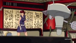 Rule 34 | 10s, 1girl, alien, animated, animated gif, battle, belt, energy beam, fighting, gloves, high kick, indoors, japanese text, kicking, laser, lowres, miniskirt, red hair, robot, roundhouse kick, scarlet (space dandy), skirt, space dandy, text focus, uniform, violence