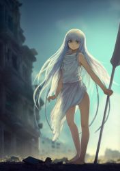 Rule 34 | 1girl, barefoot, building, character request, copyright request, eyelashes, flat chest, frown, full body, grey eyes, highres, long hair, medium skirt, nito (nshtntr), polearm, ruins, see-through, shirt, skirt, solo, spear, very long hair, weapon, white hair, white shirt, white skirt