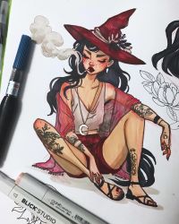 Rule 34 | 1girl, arm tattoo, black footwear, black hair, breasts, cigarette, closed mouth, commentary, crescent, crescent moon, crescent necklace, crop top, earrings, english commentary, flower, freckles, full body, hat, highres, ink (medium), jacquelin deleon, jewelry, lips, long hair, moon, necklace, original, photo (medium), red hat, red shorts, sandals, shirt, shorts, small breasts, smoke, smoking, solo, tattoo, traditional media, white shirt, witch