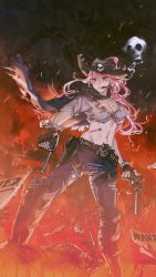 Rule 34 | 1girl, alternate costume, battle damage, belt, blood, blood on clothes, boots, breasts, buckle, cape, cigar, cowboy boots, cowboy western, darkness, denim, dual wielding, eyebrows, fire, gun, handgun, highres, holding, hololive, hololive english, holster, jeans, large breasts, mori calliope, pants, pink hair, pistol, red eyes, revolver, set7, shirt, skeleton, skull belt, smoke, smoking, spiked boots, spikes, tied shirt, torn cape, torn clothes, virtual youtuber, wanted, weapon