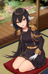 Rule 34 | 1girl, :d, aiguillette, arm support, azur lane, belt, black hair, blush, breasts, buttons, carp, collarbone, commentary request, double-breasted, epaulettes, gloves, gold trim, hair between eyes, hair tie, hand on own thigh, head tilt, highres, horns, indoors, kikumon, kinokorec, kneehighs, large breasts, long hair, long sleeves, looking at viewer, medium breasts, mikasa (azur lane), military, military uniform, open mouth, seiza, shirt, sidelocks, simple background, sitting, skirt, sliding doors, smile, socks, solo, tatami, thighs, uniform, veranda, white background, white gloves, white shirt