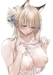 Rule 34 | 1girl, animal ear fluff, animal ears, blonde hair, breasts, commentary, covered erect nipples, covering privates, eyelashes, flower, fox ears, fox girl, hair between eyes, hair flower, hair ornament, half-closed eyes, hand on own chest, highres, jewelry, large breasts, long hair, looking down, nipples, nude cover, original, parted lips, puffy nipples, ring, see-through, shizu-chan, simple background, solo, symbol-only commentary, towel, upper body, wedding ring, wet, wet towel, white background, yellow eyes, yukibuster z