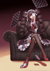 Rule 34 | 10s, 1girl, absurdres, between fingers, black hair, black nails, black thighhighs, bonnet, breasts, card, celestia ludenberg, center frills, closed mouth, clubs, collared shirt, couch, crossed legs, danganronpa: trigger happy havoc, danganronpa (series), dress shirt, drill hair, earrings, eyelashes, floating card, frills, full body, gothic lolita, gradient background, hair ribbon, heart, high heels, highres, holding, holding card, jewelry, lolita fashion, long hair, long sleeves, looking at viewer, maomaozi, nail polish, necktie, on couch, one eye covered, oversized object, playing card, red eyes, red footwear, red necktie, ribbon, shadow, shirt, shoes, sitting, small breasts, smile, solo, thighhighs, twin drills, twintails, very long hair, white ribbon, white shirt, wide sleeves